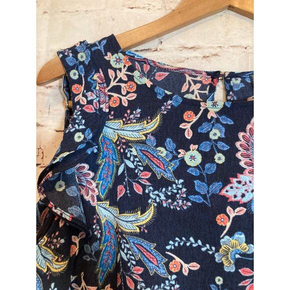Rachel Roy Label Top Womens Large Navy Blue Floral Flutter Ruffle Sleeves Career - Picture 4 of 15